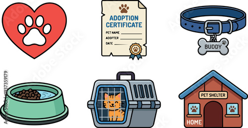 Flat design colorful pet adoption icon set showing orange cat in carrier collar bowl certificate and shelter in playful lighting