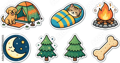 Cute sticker vector camping scene with smiling golden dog by patterned tent sleeping cat in striped bag near campfire moon