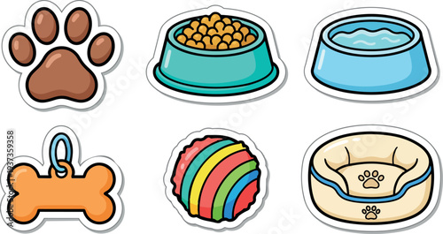 Cartoon sticker vector set showing close up pet icons paw food bowl water bowl bone ball bed flat design playful