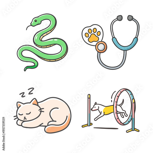 Veterinary and pet care icons: snake, stethoscope, sleeping cat, dog agility.
