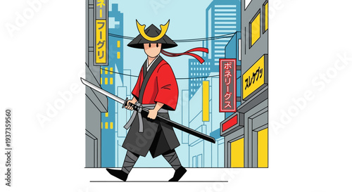 Samurai Walking with Sword in City.