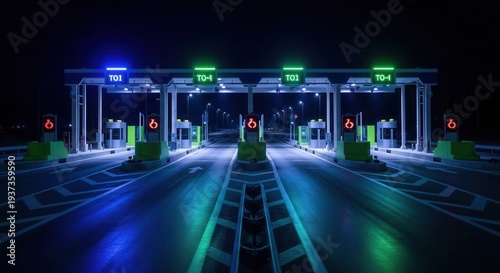 Nighttime Toll Booth: Illuminated Highway Infrastructure at Dusk, Automated Payment