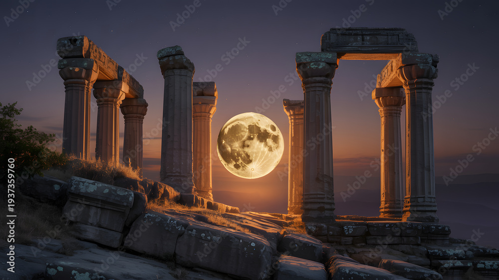 Fototapeta premium Full moon rising through ancient Greek ruins at twilight sky landscape