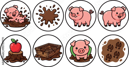 Kawaii flat design close up piglet playing in mud with apple wooden crate and mud footprints cheerful vector cartoon art