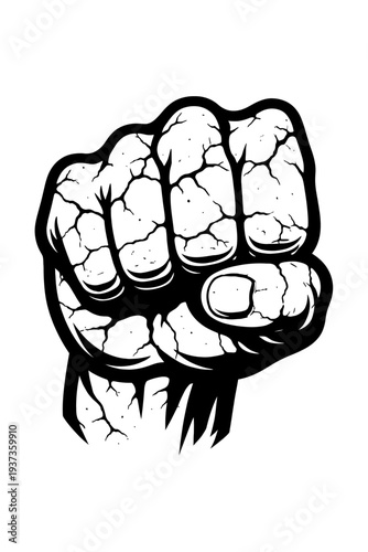 Cracked clenched fist illustration symbolizing strength and resilience in black and white graphic style