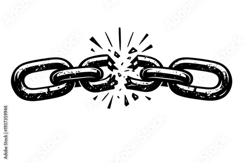 Broken chain link illustration with shattered metal fragments and distressed texture, symbolizing freedom and release from constraints, black and white graphic design element