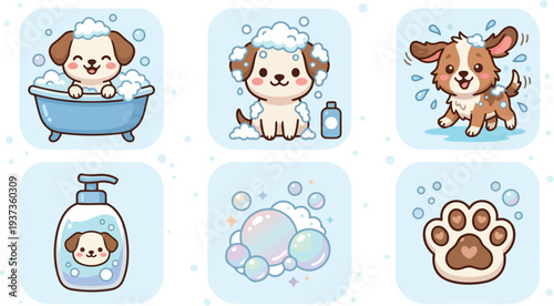 Kawaii flat design close up puppy taking bubble bath smiling in tub with soap suds and playful bubbles blue background