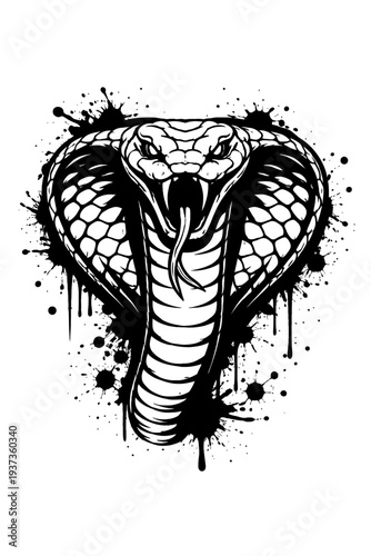 Black and white illustration of a cobra snake with open mouth and splattered paint around it, symbolizing danger and aggression