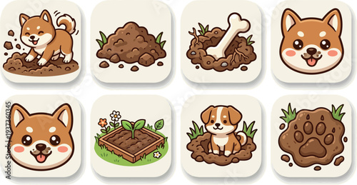 Cute shiba inu vector icon set playful puppy digging in mud with bone paw print garden seedling smiling faces closeup