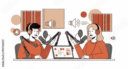 Two podcasters recording an episode together in a studio with microphones and headphones surrounded by sound elements and graphics