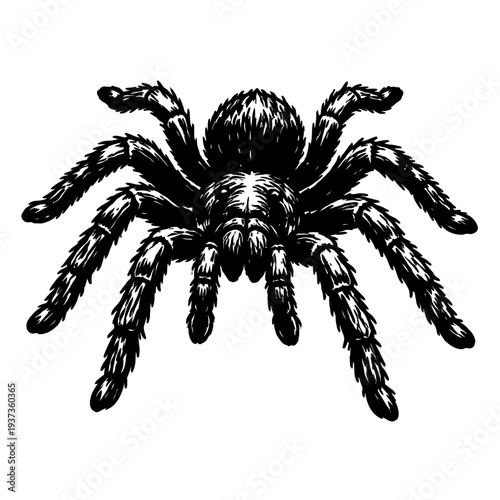 Black and white illustration of a spider on a white background with detailed texture and shading
