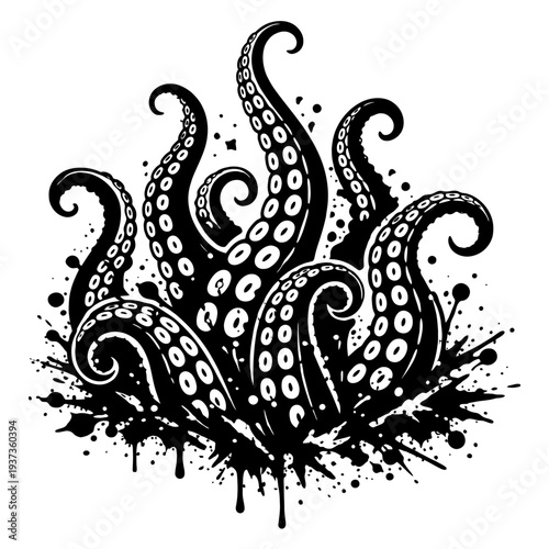Ink splattered octopus tentacles illustration on white background with black ink