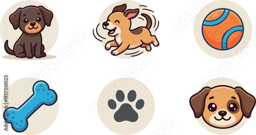 Flat design playful dog icon set six elements running puppy bone ball paw smiling face close up light beige circles