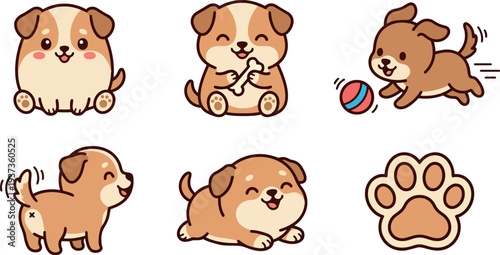 Kawaii flat vector puppy icon set six poses playing resting wagging tail with bone ball paw print cheerful rounded outline