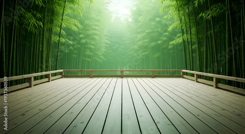 Serene wooden deck overlooking a lush green bamboo forest bathed in soft, ethereal sunlight creating a tranquil and peaceful natural sanctuary