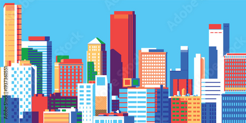 Cityscape overlooking high-rise corporate buildings in the commercial and financial center and luxury condominiums in the city center. Handmade drawing vector illustration. Pop art style poster.