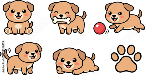 Flat design cute puppy sticker set six poses sitting chewing bone chasing ball wagging paw print playful kawaii happy