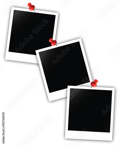 Framed Memories: A trio of blank polaroid-style photos, each pinned with a vibrant thumbtack, evoke a sense of nostalgia and the potential for new memories.