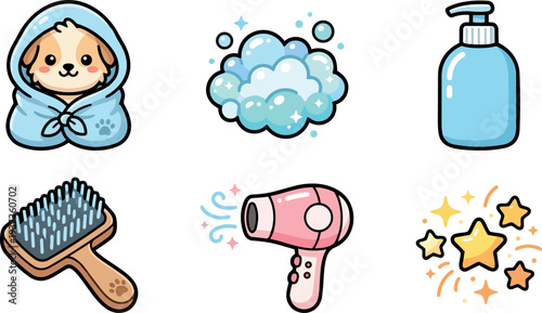 Kawaii vector flat pet grooming icon set puppy wrapped in blue towel with brush shampoo bottle hair dryer and bubbles