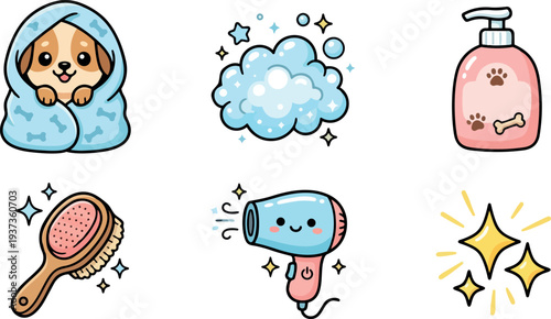Kawaii vector set of six pet grooming icons including wrapped puppy bubbles shampoo brush hair dryer sparkles in pastel tones