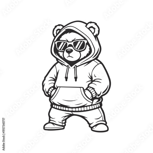 Cool Teddy Bear in Hoodie and Sunglasses Vector Illustration, Grumpy Urban Streetwear Mascot, Black and White Cartoon Animal Logo
