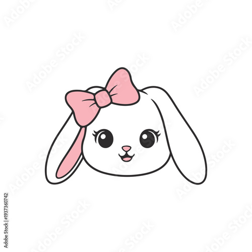 Cute Bunny Face with Pink Bow Vector Illustration, Adorable White Rabbit Head Portrait, Sweet Cartoon Animal Nursery Mascot Icon