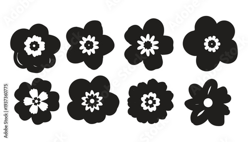 Black and White Flower Icons, Bold Floral Clipart, Monochrome Botanical Illustrations.