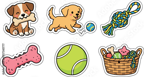 Flat design vector close up playful puppy holding bone and fetching ball with toy basket and colorful rope bright cheerful