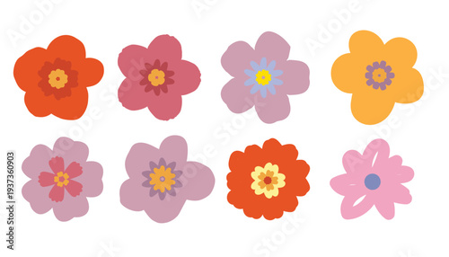 Colorful Flower Icons, Cute Floral Spring Botanical Illustration Row, Modern Wild Botany Clipart.