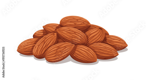 A slightly larger and more densely packed pile of approximately thirty raw almonds with darker textured brown shells is centrally presented on a white background.
