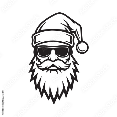Cool Santa Claus Mascot Vector Illustration with Sunglasses and Beard – Black and White Christmas Logo Icon for T-Shirts & Design