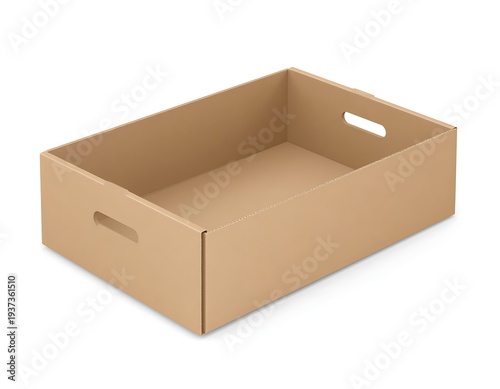 Open, tan cardboard box, rectangular with handles, sits angled against white, casting a soft shadow