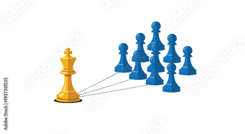 A solitary golden chess king piece stands on a pristine white surface, visually connected by dotted lines to a cluster of seven blue pawn pieces.