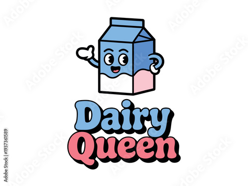 Colorful Dairy Queen Cartoon Logo with Milk Cartoon Character and Text
