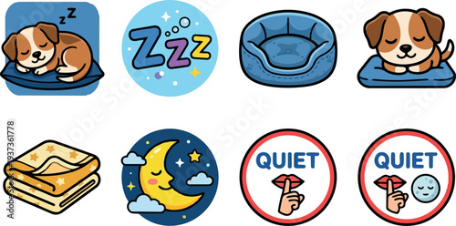 Flat design sleeping puppy icons set with sleeping dog bed blanket zzz moon quiet signs cute pet symbols blue vector