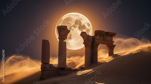 Desert ruins beneath a full moon against a starry, night sky.