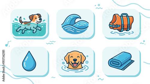 Flat design playful dog swimming icons showing labrador splashing with life jacket and towel near pool waves smiling cute face