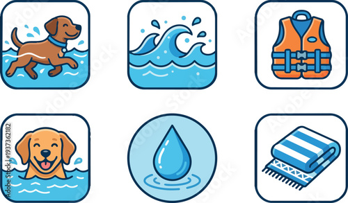 Flat design rounded pet safety and swimming icons happy retriever swimming with life jacket striped towel water droplet waves
