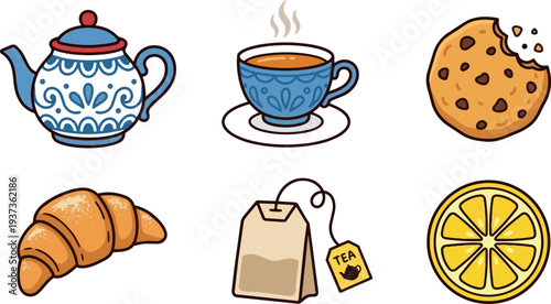 Cute hand drawn flat design blue teapot and steaming cup with bitten cookie croissant and lemon slice on white background