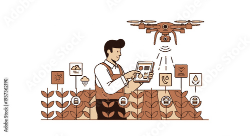 Farmer using tablet to control drone over agricultural field with various crop icons and symbols modern farming technology digital