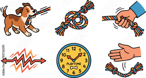 Flat design close up playful puppy tugging colorful braided rope toy with human hand and playtime clock showing interaction moment