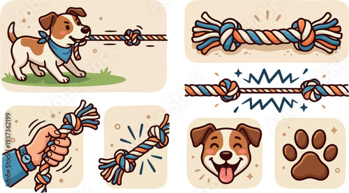 Flat design close up playful puppy tugging rope toy with bandana looking at camera in warm cheerful scene smiling green