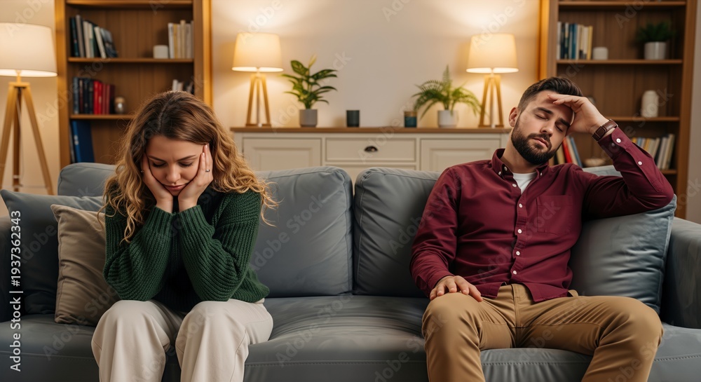 Obraz premium Stressed couple sitting separately on a couch at home, experiencing conflict, emotional distance, and relationship problems in a dimly lit living room.