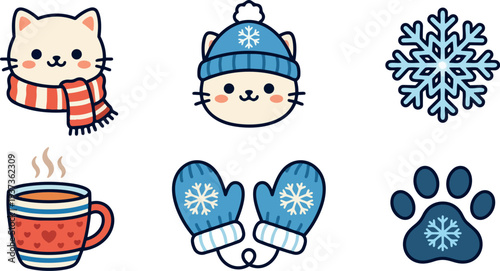 Flat design cute winter cat icons set with scarf beanie mittens hot cup snowflake paw smiling close up vector art