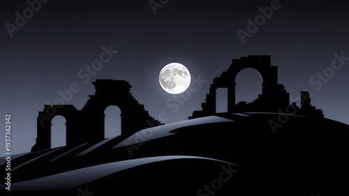 Ruins under a full moon in the night sky, dreamy and surreal.