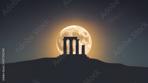 Temple silhouette against the full moon with starry night background illustration