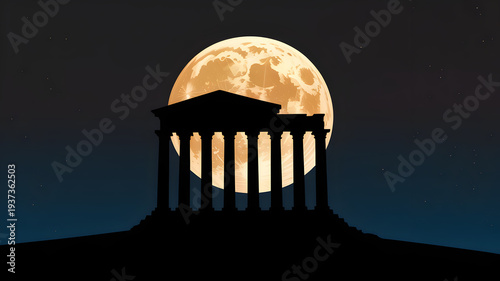 Ancient temple silhouette on hill under a bright, full harvest moon.