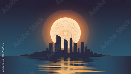 Vector illustration of city skyline against a floral full moon over water.