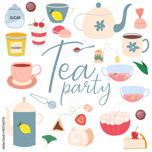 Big tea set. Teapots, cups with sweets, cakes, macaroons, tea bags, honey, sugar. Breakfast, tea party. Vector flat illustration in hand drawn style on white background.