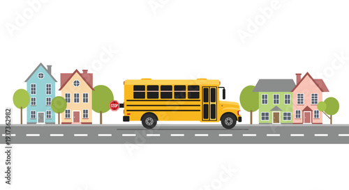 A vibrant yellow school bus with an extended stop sign drives along a grey road bordered by five colorful houses and green trees under a bright white sky.